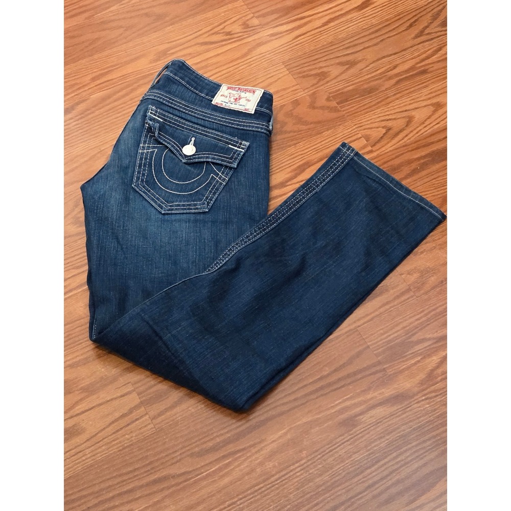 True Religion Billy Straight Leg Jeans Dark Wash White Big T Stitch Size 27